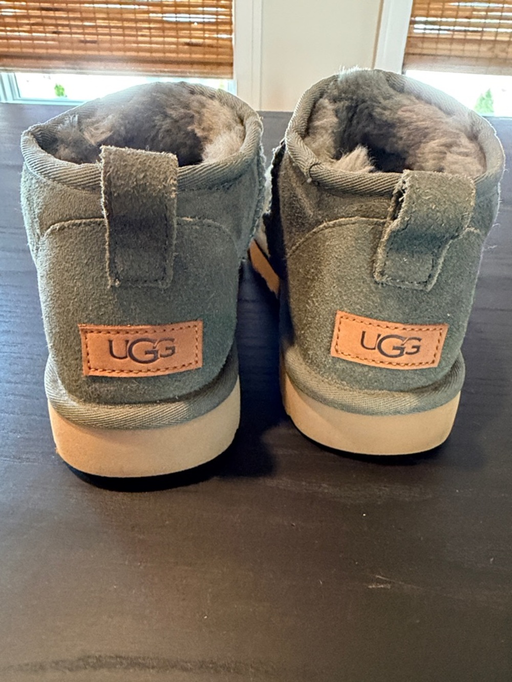 UGG Women’s Mini Boot in Olive Suede with Tan Patch